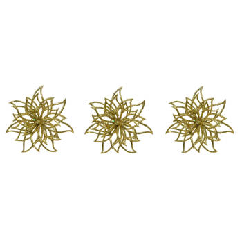 3x stuks decoratie bloemen kerstster goud glitter op clip 14 cm - Kunstbloemen
