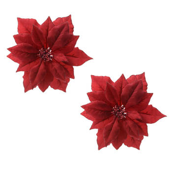 2x stuks decoratie bloemen kerstster rood glitter op clip 24 cm - Kunstbloemen