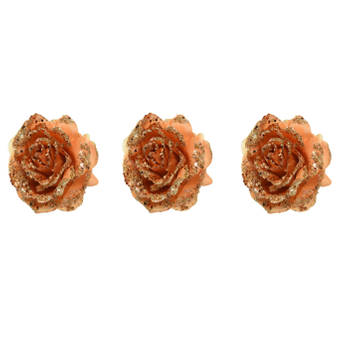 3x stuks decoratie bloemen roos terra bruin glitter op clip 14 cm - Kunstbloemen