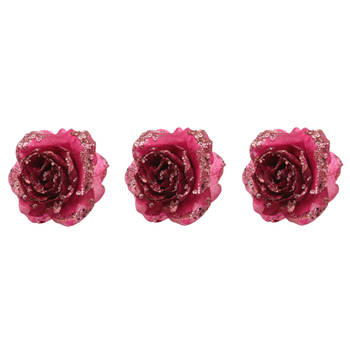 3x stuks decoratie bloemen roos framboos roze (magnolia) glitter op clip 14 cm - Kunstbloemen