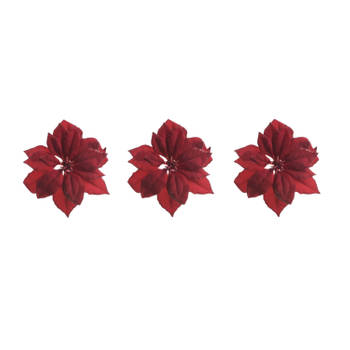 3x stuks decoratie bloemen kerstster rood glitter op clip 24 cm - Kunstbloemen
