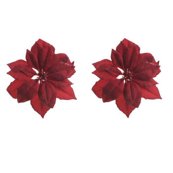 2x stuks decoratie bloemen kerstster rood glitter op clip 24 cm - Kunstbloemen