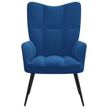 The Living Store Relaxstoel Blokpatroon - 61x70x96.5 cm - Blauw - Fluweel en Staal