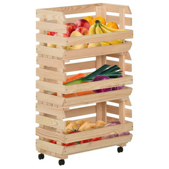 The Living Store Keukentrolley Massief Grenenhout 37x30x80 cm - 3 vakken - Flexibele wielen