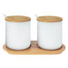 Krumble 2 keramieke potjes met lepels op ronde houten plankje - Wit + wit