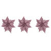 3x stuks decoratie bloemen kerstster roze glitter op clip 18 cm - Kunstbloemen