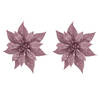 2x stuks decoratie bloemen kerstster roze glitter op clip 18 cm - Kunstbloemen