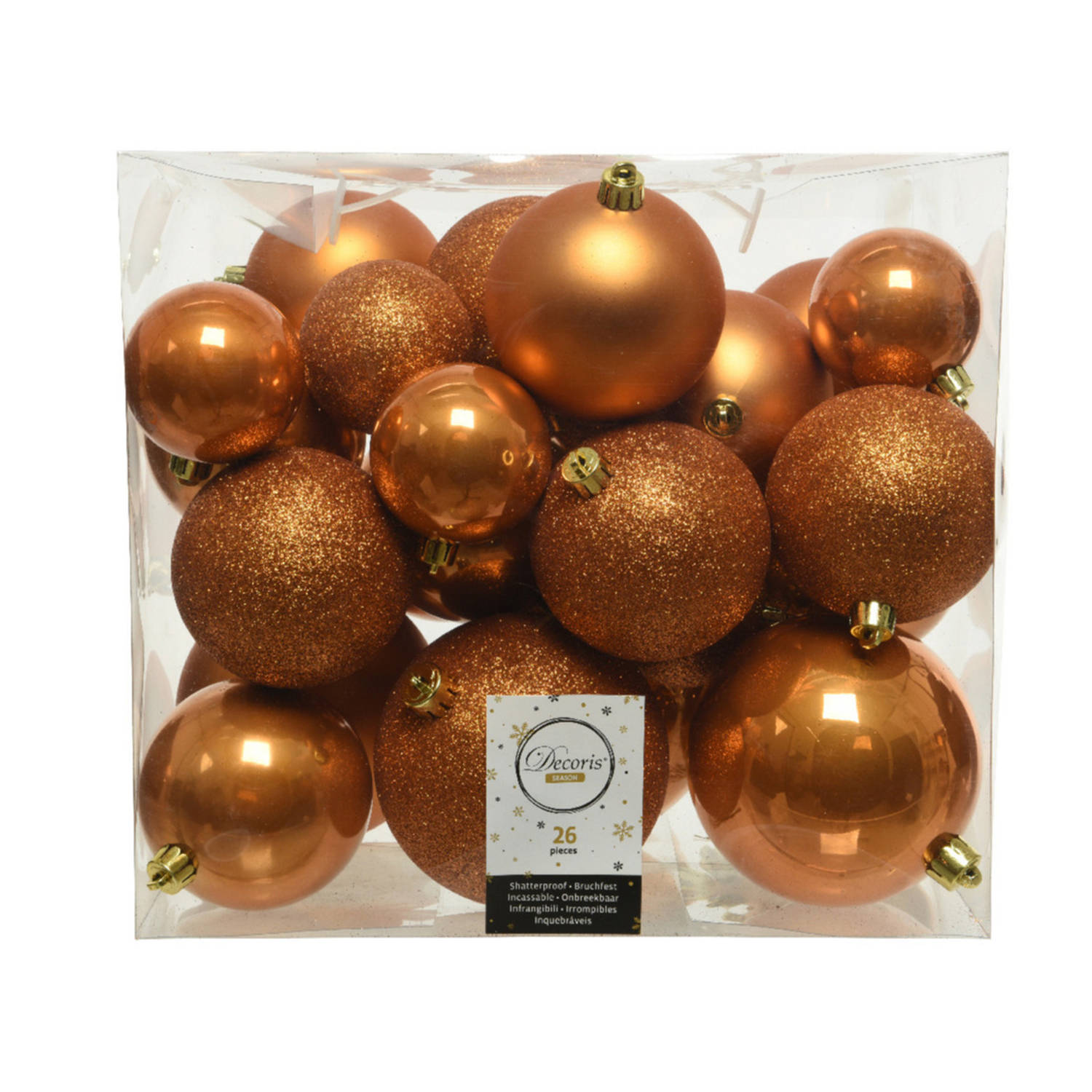 26x stuks kunststof kerstballen cognac bruin (amber) 6-8-10 cm glans/mat/glitter - Kerstbal