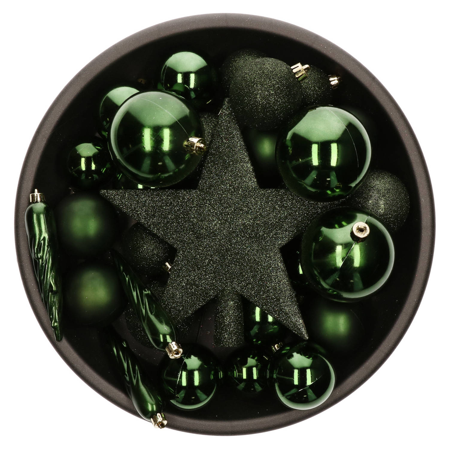 Set van 33x stuks kunststof kerstballen met ster piek donkergroen mix - Kerstbal