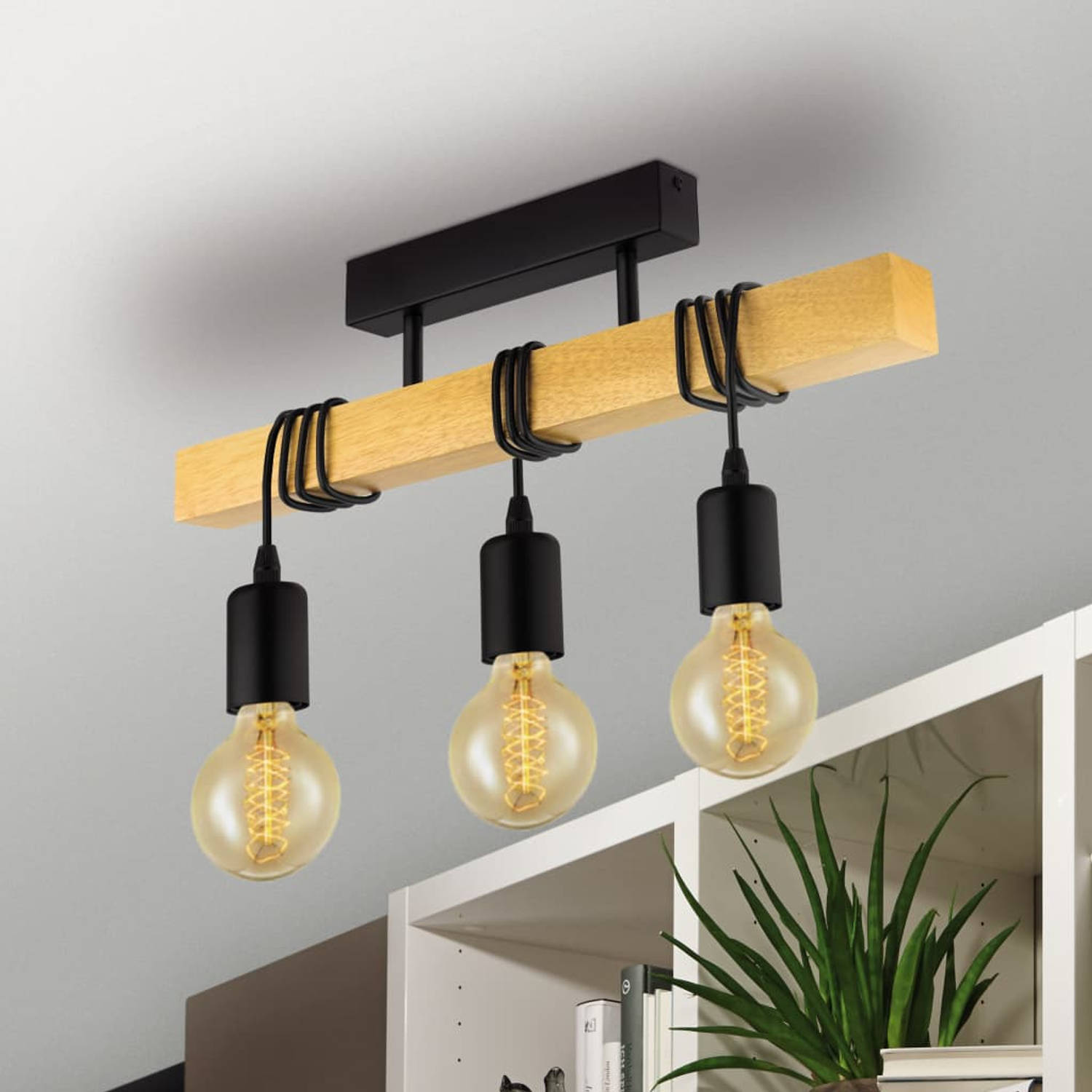 ritme Realistisch Perforatie EGLO Plafondlamp Townshend 3 lampen hout zwart en beige | Blokker