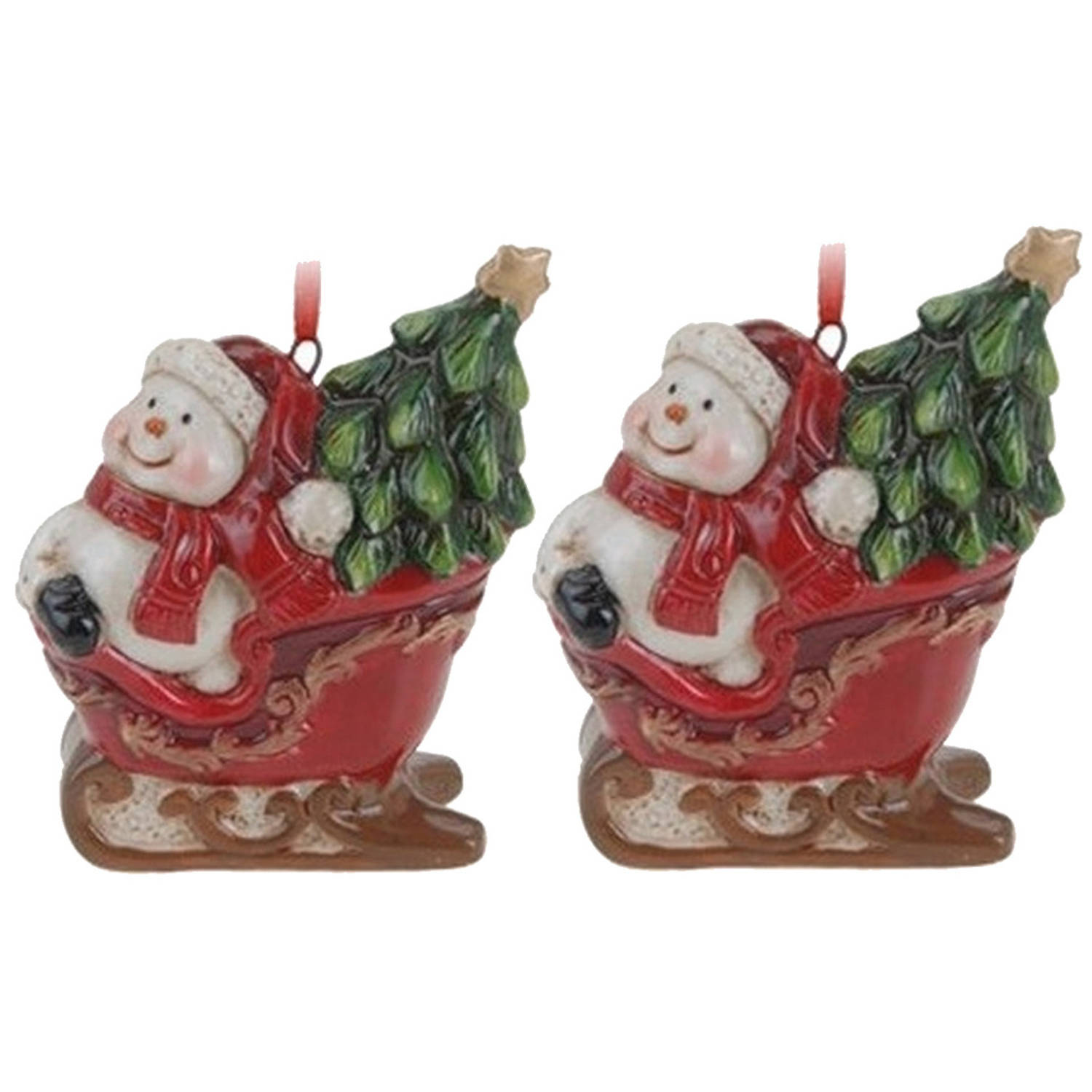 2x Kersthangers sneeuwpop in slee 8 cm kerstboomversiering - Kersthangers