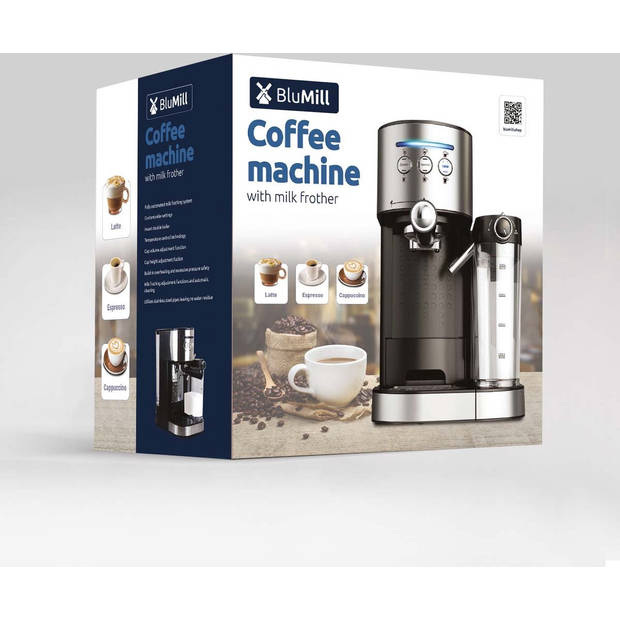 BluMill Koffiemachine - Pistonmachine - Incl. automatische melkschuimer - Zilver