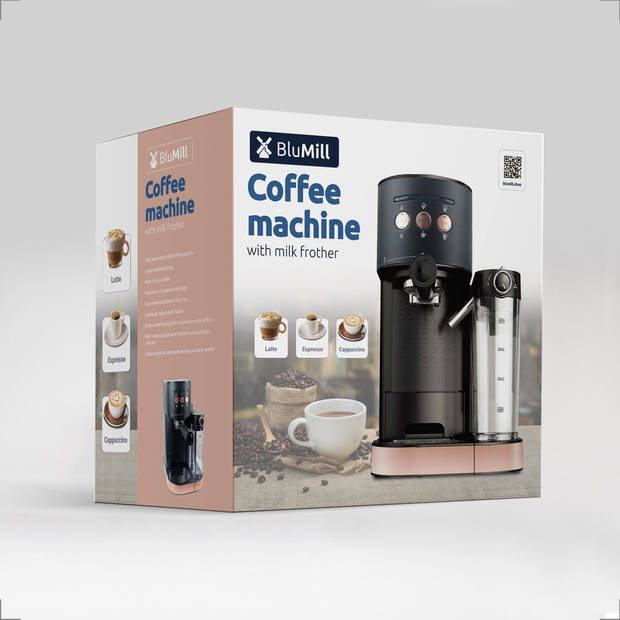 BluMill Koffiemachine - Pistonmachine - Incl. automatische melkschuimer - Zwart/Rosé