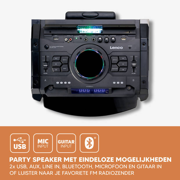 High power DJ mixer met Bluetooth®, USB, FM en party lights Lenco Zwart