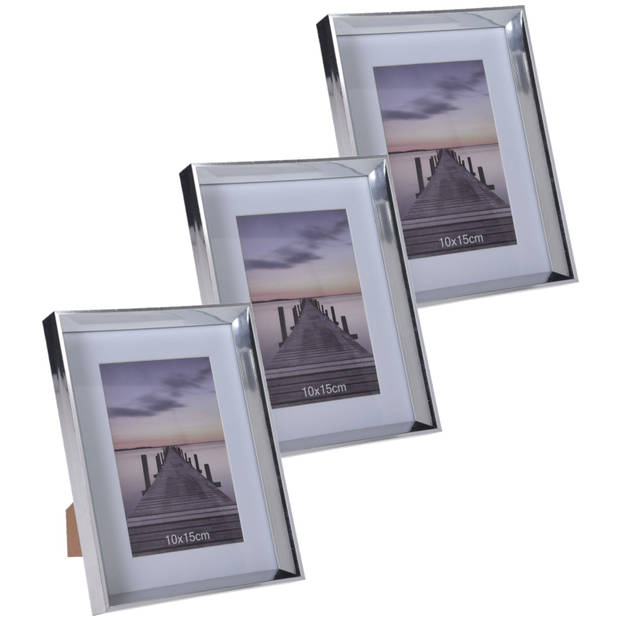 3x stuks kunststof fotolijst zilver geschikt voor een foto van 10 x 15 cm - Fotolijsten