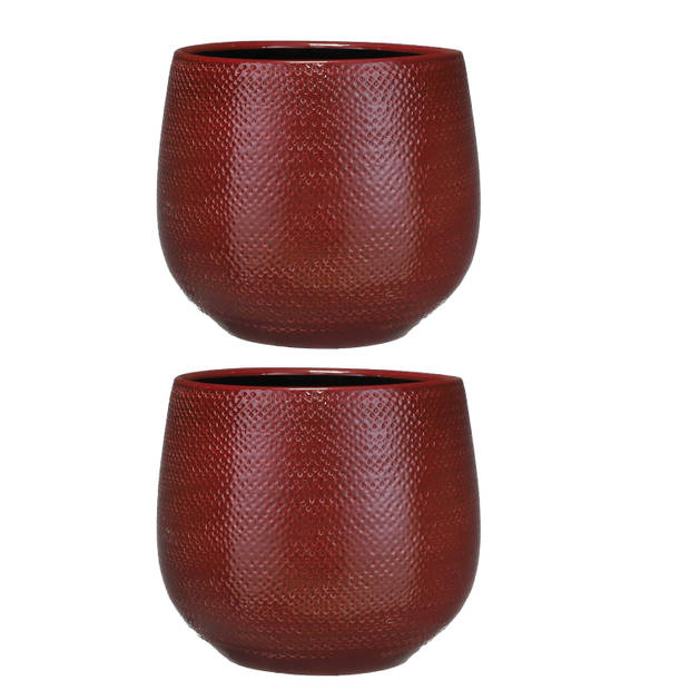 Set van 2x stuks bloempotten bordeaux rood ribbels keramiek voor kamerplant H20 x D25 cm - Plantenpotten