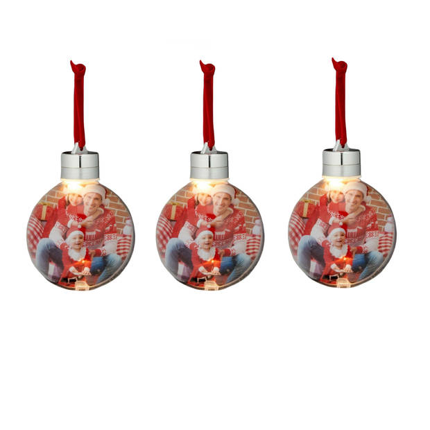 3x stuks DIY foto/fotolijst kunststof kerstballen transparant 8 cm met verlichting - Kerstbal