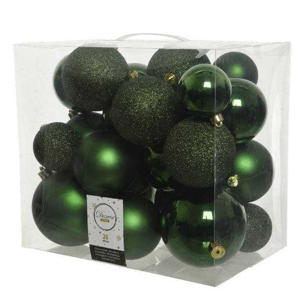 Decoris kerstballen - 26x st - dark green - kunststof - mix 6, 8 en 10 cm - Kerstbal