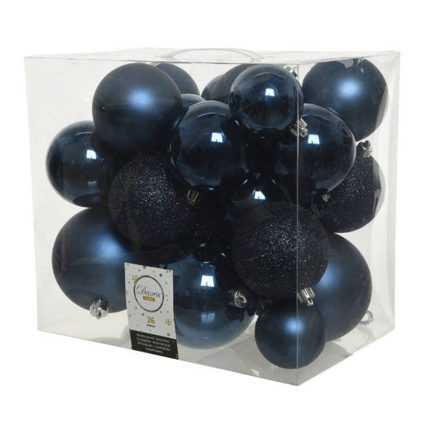 26x stuks kunststof kerstballen donkerblauw (night blue) 6-8-10 cm - Kerstbal