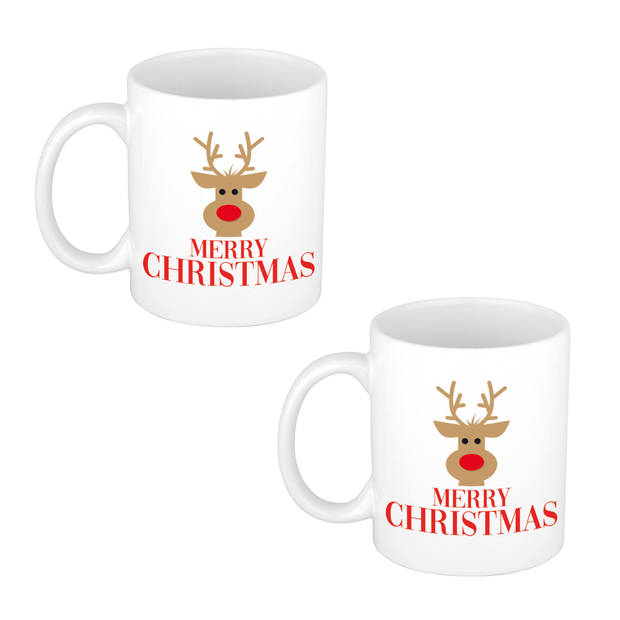 2x stuks Merry Christmas rendier kerstmok / kerstbeker wit 300 ml - Bekers