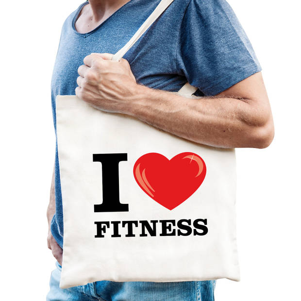 Katoenen tasje I love fitness wit voor dames en heren - Feest Boodschappentassen