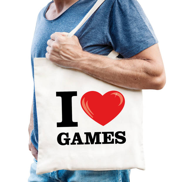 Katoenen tasje I love games wit voor dames en heren - Feest Boodschappentassen