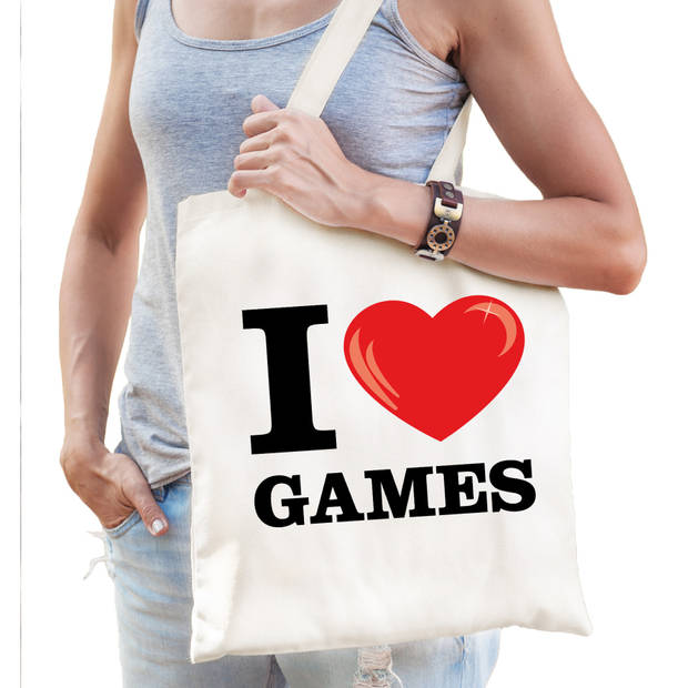 Katoenen tasje I love games wit voor dames en heren - Feest Boodschappentassen