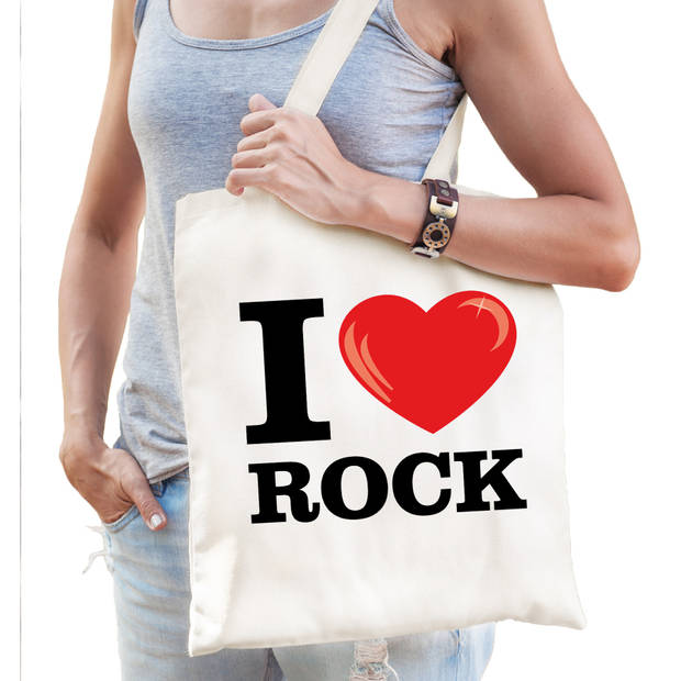 Katoenen tasje I love rock wit voor dames en heren - Feest Boodschappentassen