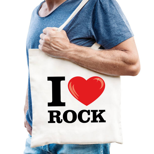 Katoenen tasje I love rock wit voor dames en heren - Feest Boodschappentassen