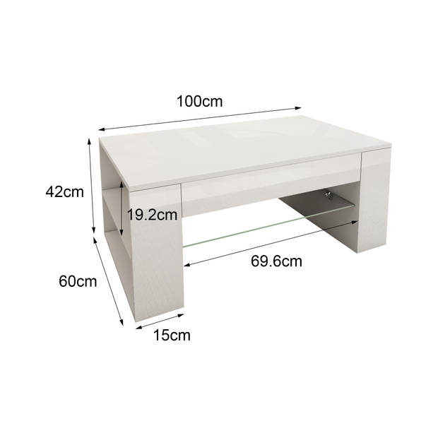 Salontafel met glazen legger en 4 vakken 100x42x60 cm wit spaanplaat ML-Design