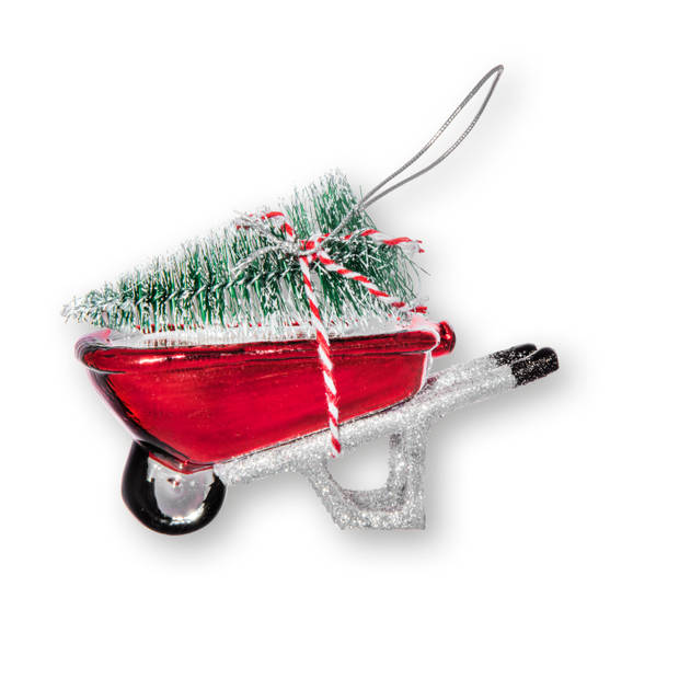 Kerstbal Kruiwagen rood, glas