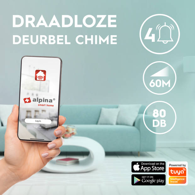 alpina Gong - Chime - voor Video-Deurbel alpina smart home - Draadloos - 60M Bereik - Instelbaar Volume - 4 Geluiden