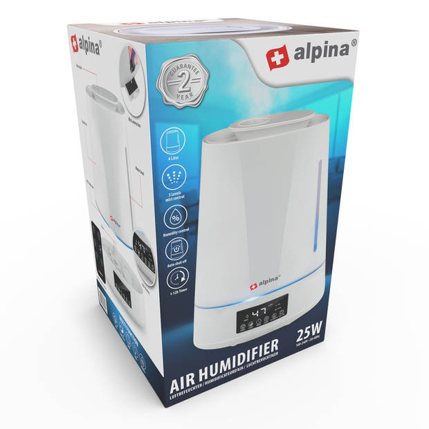 alpina Luchtbevochtiger 4L - Humidifier - Aroma Diffuser met Timer - Afstandsbediening - Wit