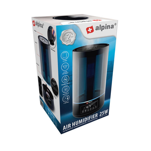 alpina Luchtbevochtiger 4.3L - Humidifier - Aroma Diffuser met Timer - Afstandsbediening - Zwart