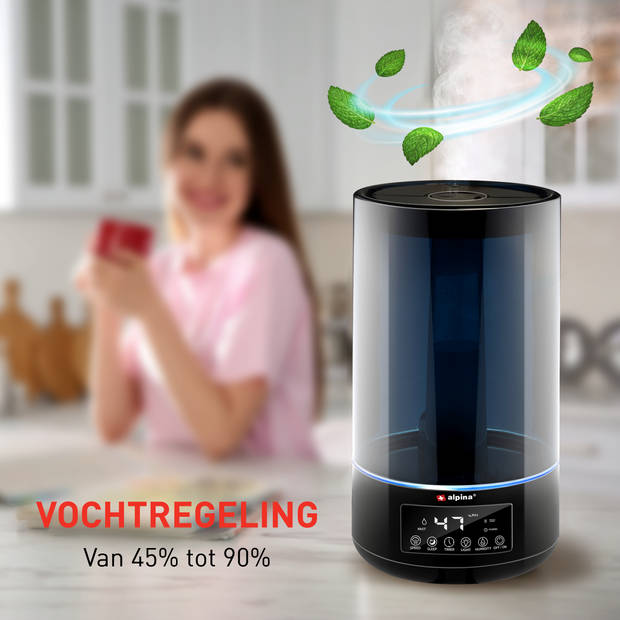 alpina Luchtbevochtiger 4.3L - Humidifier - Aroma Diffuser met Timer - Afstandsbediening - Zwart