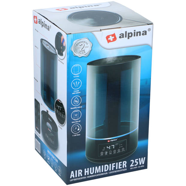 alpina Luchtbevochtiger 4.3L - Humidifier - Aroma Diffuser met Timer - Afstandsbediening - Zwart