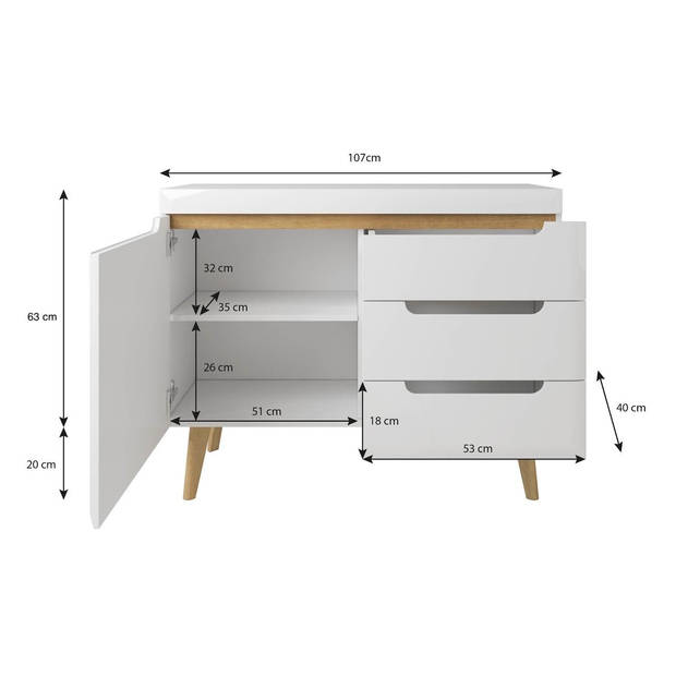 Meubella Dressoir Nebraska - Wit - Eiken - 107 cm