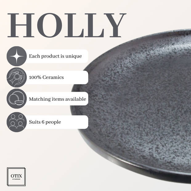 OTIX Dinerbord - Zwart - 6 stuks - Aardewerk - 26cm - HOLLY