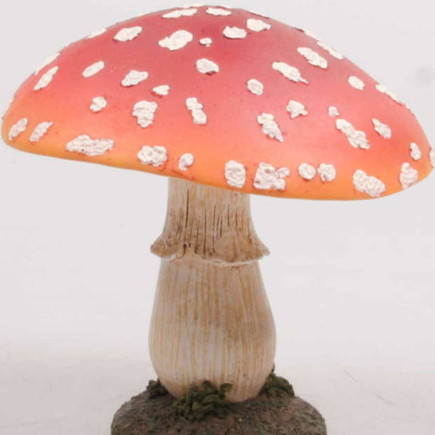 Decoratie huis/tuin beeldje paddenstoel - vliegenzwam - rood/wit - 17 x 21 cm - Tuinbeelden
