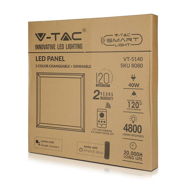 V-TAC VT-5140 Witte Slimme LED Verlichting - Slim LED Paneel - 60x60 - IP20 - 40W - 4800 Lumen - 3IN1