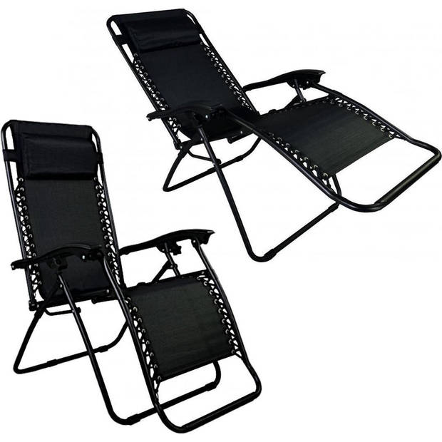 Opvouwbaar Strandstoel - Ligstoel met Bekerhouder - Loungestoel - Draagvermogen tot 130 kg - Zwart