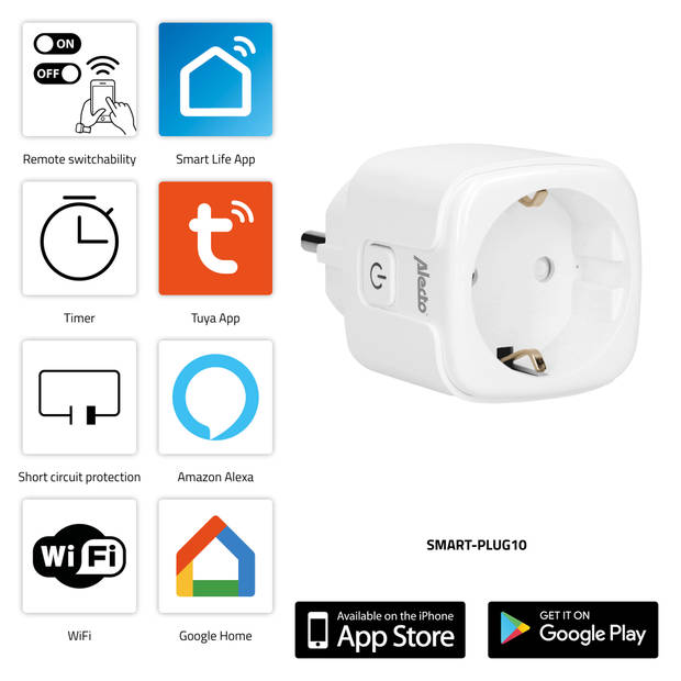 Smart wifi tussenstekker met energiemeter, 16A, 3680W, 2 pack Alecto Wit