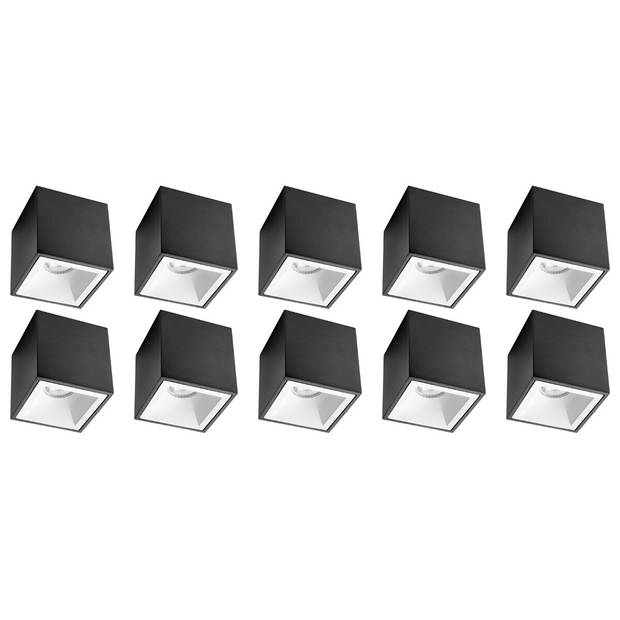 Opbouwspot 10 Pack - Pragmi Cliron Pro - GU10 Fitting - Opbouw Vierkant - Mat Zwart/Wit - Aluminium - Verdiept - Ø90mm