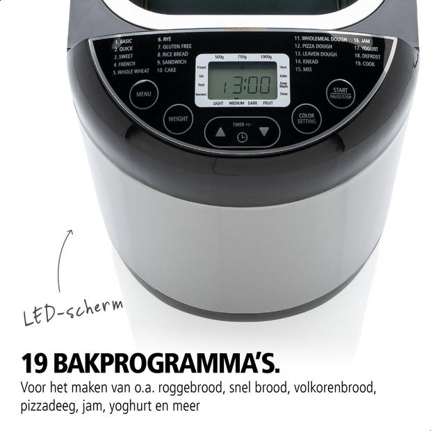 Brabantia BBEK1114 Broodbakmachine - 19 programma's - 3 bruiningsniveau's - Warmhoudfunctie - Uitsteltimer - RVS