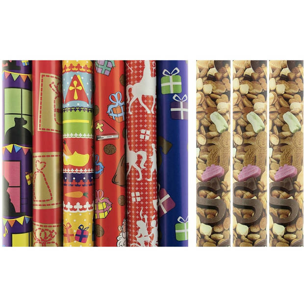 Assortiment sinterklaaspapier inpakpapier cadeaupapier - 200 en 300 x 70 cm - 8 stuks