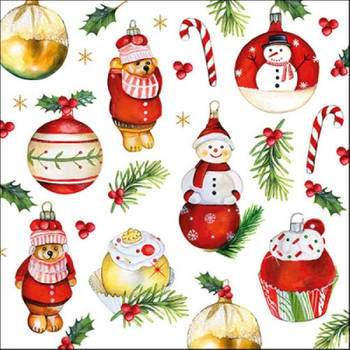 20x stuks kerstdiner/kerst thema servetten met kerstornamenten 33 x 33 cm - Feestservetten