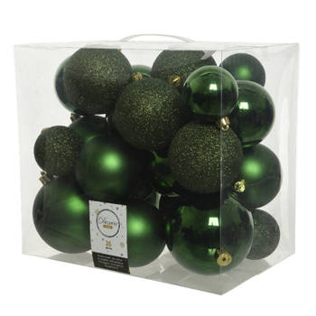 26x stuks kunststof kerstballen donkergroen (pine) 6-8-10 cm glans/mat/glitter - Kerstbal