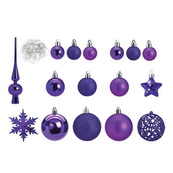Pakket met 111x stuks kunststof kerstballen/ornamenten met piek paars - Kerstbal
