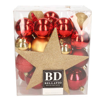 Bellatio Decorations set 33x stuks kunststof kerstballen met ster piek rood en goud - Kerstbal