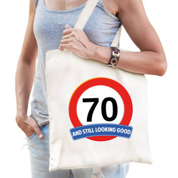 Verkeersbord / stopbord 70/zeventig katoenen cadeau tas wit voor dames en heren - Feest Boodschappentassen